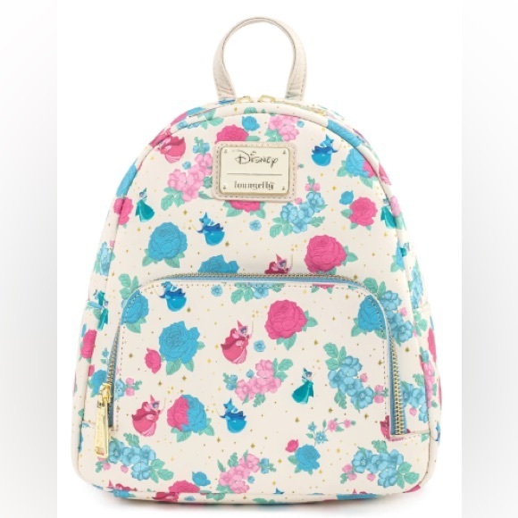 Loungefly Handbags - Loungefly Rare Sleeping Beauty Floral Fairy Godmothers Mini Backpack Pink Blue